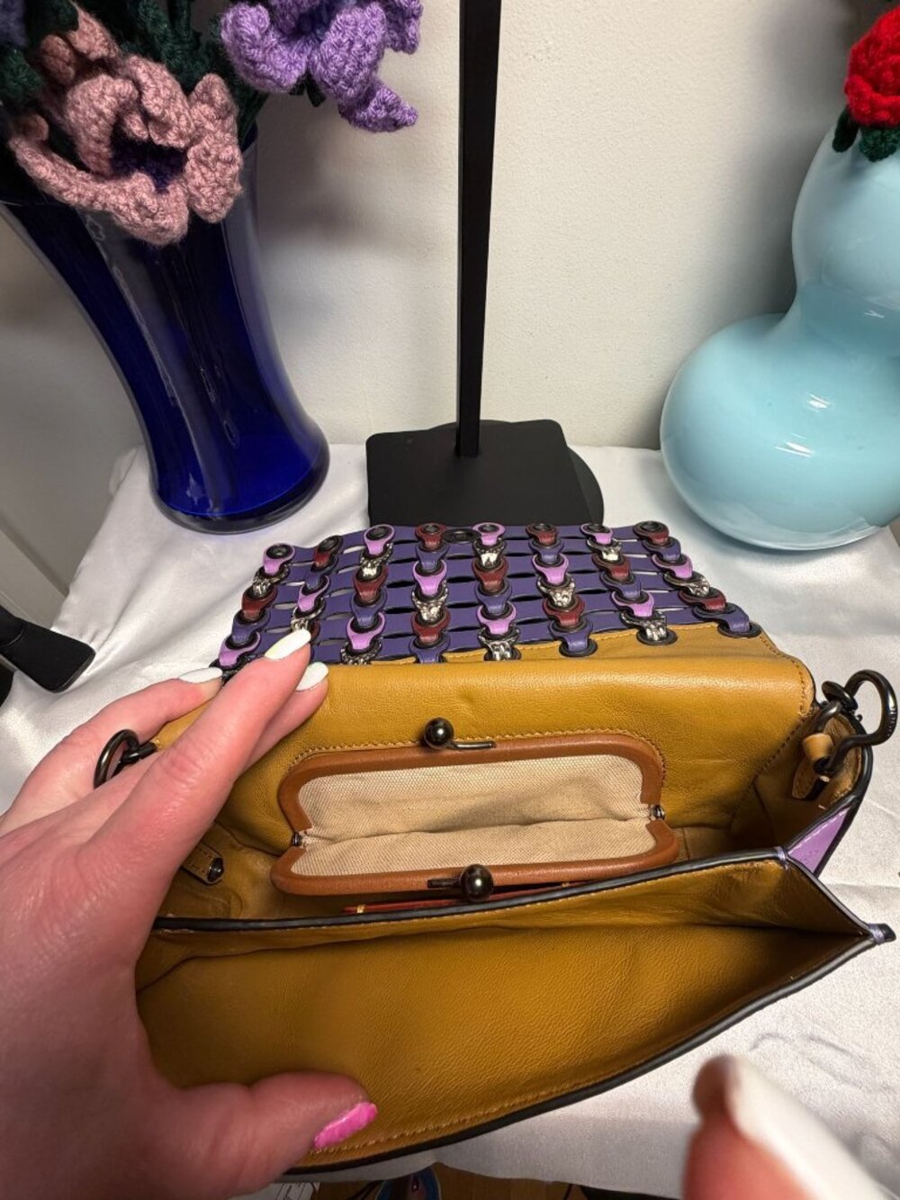 Coach Woven Leather Crossbody Bag With Chain Strap & Colorful Detailing - Purple - Picture 7 of 8